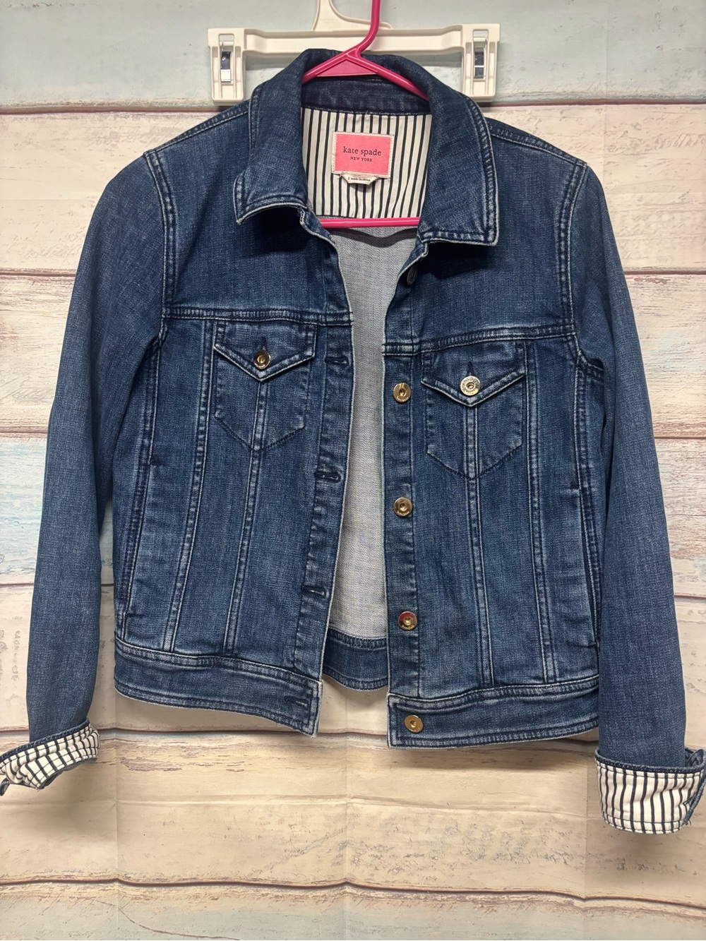 kate spade denim jacket with pink label